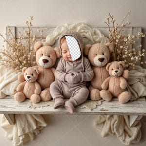 PSD: Face Insert Baby with Teddy Bears on Rustic Bench, Newborn Digital Face Replace Backdrop | Newborn Digital Backdrop