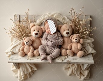 PSD: Gesicht einfügen Baby mit Teddybären auf rustikaler Bank, Neugeborenes digitales Gesicht ersetzen Hintergrund | Neugeborene digitale Kulisse