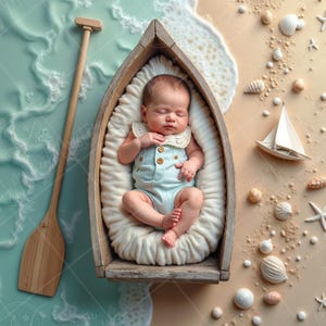 Op de afbeelding: Een pasgeboren baby in een lichtblauwe en witte outfit slaapt in een houten bootvormige wieg. De wieg is omringd door schelpen, zeesterren en een klein zeilbootje op een lichtbruine achtergrond.