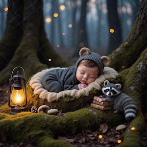 May include: A sleeping baby wearing a gray bear hat and outfit rests in a cozy nest on a mossy tree root. A raccoon toy sits nearby with a stack of books. A lit lantern and bokeh lights add to the forest scene.