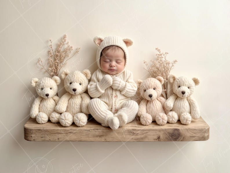 May include: A newborn baby wearing a white knitted bear costume is surrounded by four plush teddy bears on a wooden shelf. The baby is sleeping with its hands clasped together. The teddy bears are all white and have brown eyes.