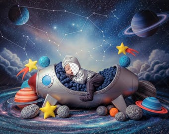 May include: A baby dressed as an astronaut sleeps inside a silver rocket ship, surrounded by planets, stars, and constellations. The scene is set against a backdrop of a swirling galaxy and celestial bodies, with yellow star-shaped decorations.
