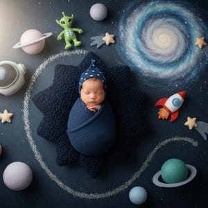 May include: A newborn baby wrapped in a blue swaddle and hat, sleeping on a dark blue star-shaped pillow. The image is decorated with space-themed elements, including a toy astronaut helmet, planets, stars, a rocket, and an alien.