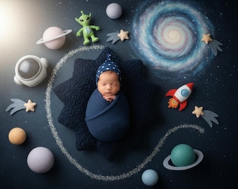 May include: A newborn baby wrapped in a blue swaddle and hat, sleeping on a dark blue star-shaped pillow. The image is decorated with space-themed elements, including a toy astronaut helmet, planets, stars, a rocket, and an alien.