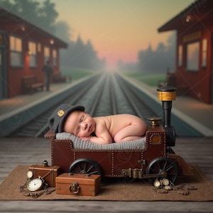 Puede incluir: Un bebé recién nacido durmiendo con una gorra gris descansa en un vagón de tren marrón en miniatura. El vagón está sobre una alfombra marrón con pequeñas maletas vintage y un reloj de bolsillo. El fondo muestra una estación de tren al atardecer.
