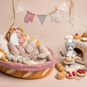 May include: A newborn baby in a bread-shaped bed, wearing a matching outfit and hat. A banner of oven mitts and triangles hangs above. A felt oven, pastries, and a chef cat toy complete the bakery theme.