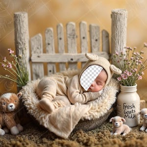 May include: A newborn baby wearing a beige knitted hat and a beige knitted outfit is sleeping in a white faux fur basket. The basket is surrounded by a white picket fence and a jar with the text "Fresh Goats Milk". There are two brown and white stuffed toy goats on the ground.