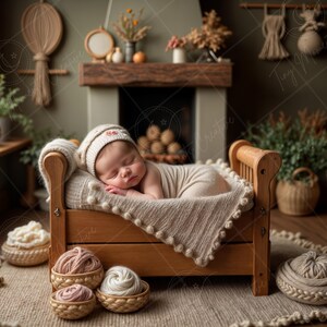 Pode incluir: Um recém-nascido usando um gorro de tricô branco com um coração vermelho bordado está dormindo em um berço de madeira com um cobertor de tricô branco. O berço é decorado com novelos de lã e está sentado em um tapete tecido. O fundo apresenta uma lareira e uma janela com vista para uma planta verde.