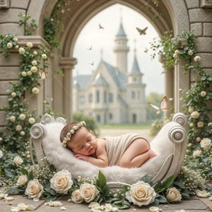 May include: A newborn baby wearing a white headband and a white swaddle is sleeping in a white, ornate, crescent-shaped bed. The bed is surrounded by white roses and greenery. The background is a blurry image of a white castle.