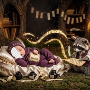 May include: A charming image of a baby in a purple outfit and hat, asleep on a satin pillow. A raccoon in a waistcoat writes with a quill. The background features books, lanterns, and a forest setting.