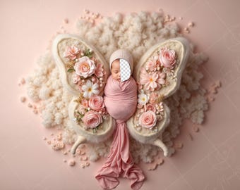 PSD: Face Insert Blush Butterfly, Newborn Digital Face Replace Backdrop | Newborn Digital Backdrop