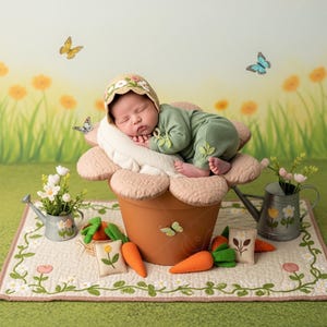 Puede incluir: Un bebé recién nacido con un atuendo verde y un gorro floral descansa en un accesorio con forma de flor. La escena incluye una maceta, zanahorias, mariposas y una regadera, todo sobre un fondo de jardín pintado.