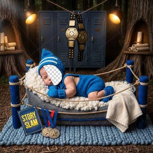 Op de afbeelding: Een pasgeboren baby in een blauwe gebreide outfit en muts, slapend in een bed met een worstelringthema. De scène bevat kampioenschapsriemen, medailles en een bord met de tekst "Story Slam". Het bed staat op een blauw gebreid kleed.
