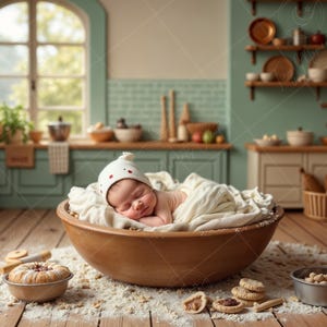 May include: A newborn baby wearing a white and red polka dot hat sleeps in a wooden bowl filled with white fabric. The bowl is on a wooden floor with flour scattered around it. There are also cookies and a cake on the floor.