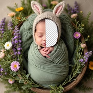 May include: A newborn baby wrapped in a green swaddle, wearing a beige bunny hat with pink ears, is nestled in a basket surrounded by purple and pink flowers.