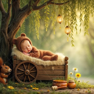May include: A sleeping baby wearing a brown bear costume lies in a wooden wagon with a fuzzy white blanket. A squirrel sits next to the wagon. The wagon is decorated with a wooden wheel and a star. There are two honey jars and a wooden honey dipper on the ground.