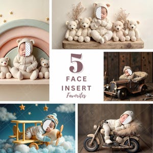 May include: Five digital face insert templates for newborn photos. The templates feature a baby in various poses, including sitting with teddy bears, sleeping in a car, and sleeping on a motorcycle. The templates have a transparent area for adding a baby's face.