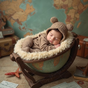 May include: A sleeping baby wearing a brown knit hat with bear ears and a matching outfit, nestled in a globe-shaped bed with a fluffy white interior. The scene is set against a vintage map backdrop, with travel-themed props.