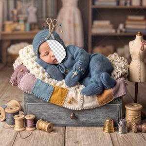 Peut inclure: Un nouveau-né vêtu d'un ensemble bleu tricoté et d'un bonnet, allongé sur une courtepointe patchwork dans une boîte en bois grise. Des ciseaux et des épingles ornent le bonnet. Des bobines de fil, des dés à coudre et un mannequin miniature sont en arrière-plan.