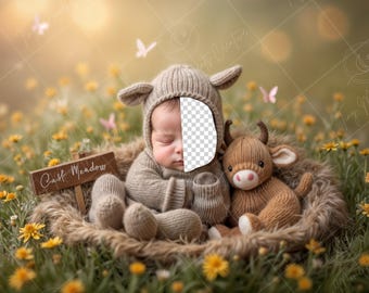PSD: Face Insert Calf Meadow Farm Scene, Newborn Digital Face Replace Backdrop | Newborn Digital Backdrop | Add a face Prop |