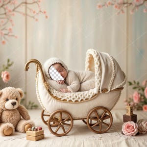 May include: A white baby carriage with a sleeping baby inside. The carriage is decorated with lace and has gold accents. The baby is wearing a white knitted outfit. A teddy bear sits on the floor next to the carriage.