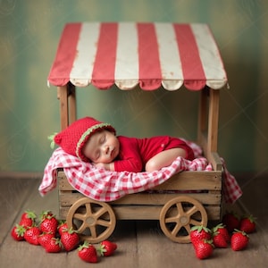 Digitale achtergrond voor pasgeborenen | Babyfotorekwisiet Strawberry Cart met rode motorkap en gingham | Opstelling fruitkraam
