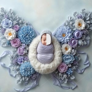 May include: A newborn baby swaddled in a pale purple blanket is sleeping in a white faux fur nest. The nest is surrounded by a variety of blue and purple flowers, creating a whimsical butterfly design.