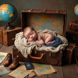 May include: A newborn baby sleeps peacefully inside a vintage brown suitcase, nestled on a cream-colored blanket and a blue wrap. The scene is decorated with globes, maps, and miniature brown leather boots, evoking a travel theme.