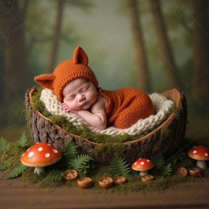 May include: A newborn baby wearing an orange fox-themed outfit, including a hat with ears, lies asleep in a wooden nest. The nest is lined with white knit fabric and moss, with decorative mushrooms and ferns nearby. The background is a blurred forest scene.