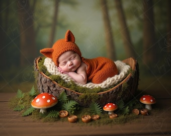 Puede incluir: Un bebé recién nacido durmiendo, vestido con un conjunto naranja con temática de zorro, que incluye un gorro con orejas, descansa en un nido de madera. El nido está forrado con tela de punto blanca y musgo, con setas decorativas y helechos. El fondo es una escena borrosa del bosque.