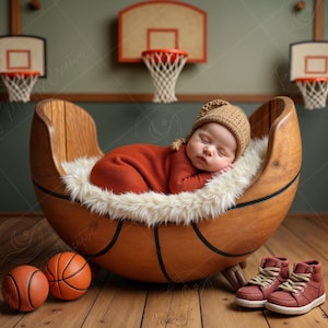 Newborn Digital Backdrop | Basketball Cradle with Mini Court Sneakers and Hoops, Sports Baby Photo Prop