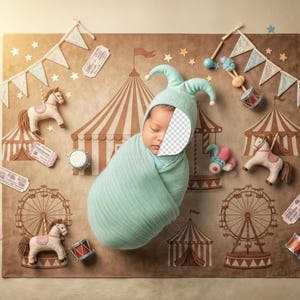Op de afbeelding: Een pasgeboren baby gewikkeld in een lichtblauwe deken en muts, liggend op een bruine mat met circusafbeeldingen. De mat toont carrouselpaarden, reuzenraderen en circustenten. Een speelse circusscène.