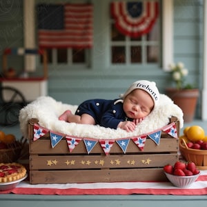 May include: A sleeping baby wearing a white hat with the name "treborte" on it, and a navy blue outfit, rests in a wooden crate lined with white fur. The crate is decorated with star-spangled bunting and gold stars. Strawberries, lemons, and a pie are nearby.