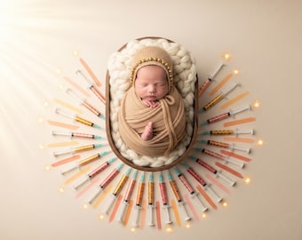 Newborn Digital Backdrop | IVF Syringe Sunburst Cradle with Golden Light | Miracle Baby Photo Prop