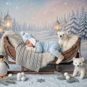 Peut inclure: Un bébé en barboteuse bleue et bonnet dort dans une luge en bois, sur une couverture grise en tricot torsadé et de la fausse fourrure. Un ours polaire et un renard en peluche sont à proximité, avec un pingouin et une scène hivernale en arrière-plan.