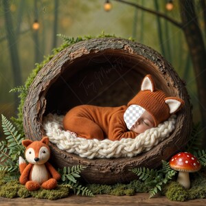 May include: A newborn baby wearing a fox-themed outfit, including a hat with ears, sleeps peacefully inside a wooden nest. A plush fox toy and a mushroom decoration are nearby, creating a woodland theme.