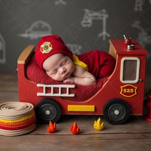 Newborn Digital Backdrop | Firefighter Baby in Red Firetruck Prop, Newborn Digital Background