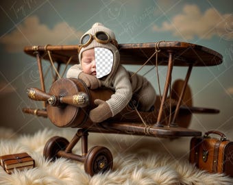 PSD: Face Insert Vintage Airplane Adventure, Newborn Digital Face Replace Backdrop | Newborn Digital Backdrop | Add a face Prop |