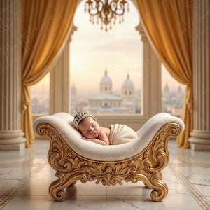 Könnte beinhalten: Ein neugeborenes Baby mit einer goldenen Krone schläft auf einer weißen und goldenen, verzierten Chaiselongue. Die Chaiselongue befindet sich in einem Raum mit goldenen Vorhängen und einem großen Fenster mit Blick auf eine Skyline.