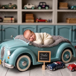 Letto per auto d'epoca con etichetta con nome modificabile / sfondo digitale per neonati per ragazzi