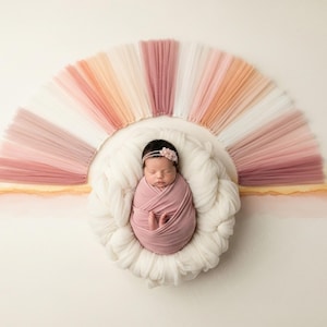 Könnte beinhalten: Ein neugeborenes Baby, eingewickelt in eine rosa Decke, liegt in einem weißen, flauschigen Nest. Ein pastellfarbener Regenbogenhintergrund wölbt sich über dem Baby. Das Baby trägt ein Blumenstirnband.