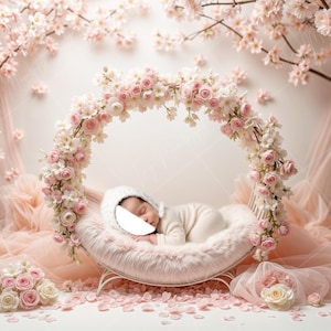 May include: A baby in a white outfit and hat rests in a pink fur-lined, crescent-shaped bed. The bed is framed by a floral arch of pink and white roses and cherry blossoms, with a backdrop of sheer pink fabric and scattered petals.