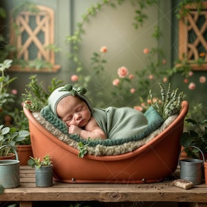 May include: A newborn baby sleeping in a terracotta-colored planter, surrounded by greenery and potted plants. The baby is wearing a light green swaddle and a white hat.
