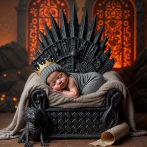 Pode incluir: Um recém-nascido usando uma coroa dourada e um gorro de tricô cinza dorme em um trono preto com um cobertor de pele cinza. Uma pequena criatura cinza com um sorriso de dentes está sentada na frente do trono.