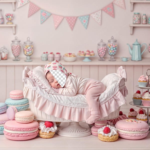 PSD: Wkładka do twarzy dla noworodków w scenie cukierni Candy Land. Cyfrowe tło do sesji fotograficznych.