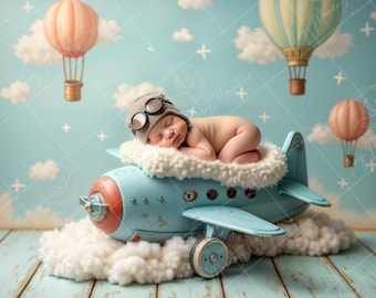 Blue Vintage Airplane | Whimsical Baby Prop | Newborn Digital Backdrop
