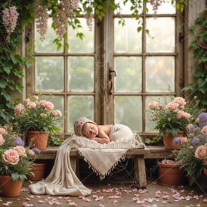 May include: A newborn baby sleeping on a white blanket in a rustic greenhouse setting. The baby is wearing a white hat and is surrounded by pink and purple flowers.