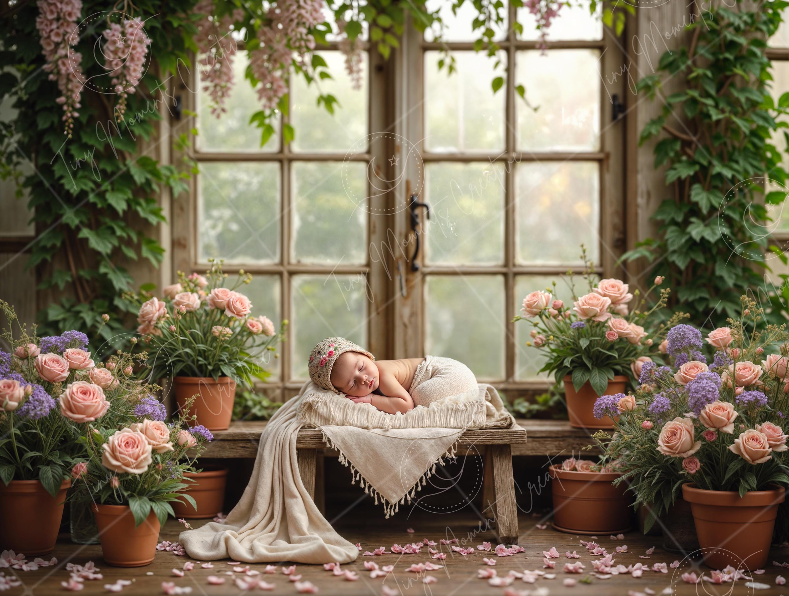 Garden Window Digital Backdrop | Newborn Photography Prop | Floral Baby Background | Instant Download
