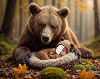 PSD: Teddybär Gesicht einfügen digitalen Hintergrund - Braunbär Baby Fotografie Prop, Neugeborenes digitales Gesicht ersetzen Hintergrund | Fügen Sie ein Gesicht Prop