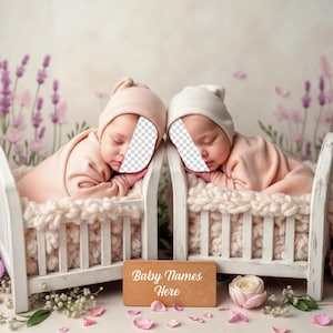 May include: Two babies asleep in a white cot with a sign that reads "Baby Names Here". The cot is decorated with pink flowers and lavender.